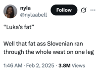A "tweet":https://knowyourmeme.com/memes/sites/twitter-x about Luka Doncic taking the Dallas Mavericks to the "NBA":https://knowyourmeme.com/memes/cultures/basketball Finals despite being "fat" as what was said in his "trade to the LA Lakers":https://knowyourmeme.com/memes/events/luka-doncic-trade.
