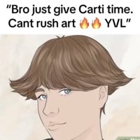 A meme about a "Zoomer":https://knowyourmeme.com/memes/cultures/generation-z-gen-z-zoomers with the Ice Cream Hair, about the stereotype listening to "rapper":https://knowyourmeme.com/memes/cultures/rap-hip-hop "Playboi Carti":https://knowyourmeme.com/memes/people/playboi-carti.