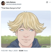 A meme about a "Zoomer":https://knowyourmeme.com/memes/cultures/generation-z-gen-z-zoomers with the Ice Cream Hair, about the stereotype listening to "rapper":https://knowyourmeme.com/memes/cultures/rap-hip-hop "Kanye West":https://knowyourmeme.com/memes/people/kanye-west-ye.