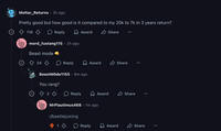 Moltar_Returns • 3h ago Pretty good but how good is it compared to my 20k to 7k in 3 years return? 118 > Reply mord_fustang115 • 2h ago Beast mode 24 Reply Award BeastMode1155 • 8m ago You rang? 23 Reply Share Award Share MrPlautimus468 · 1m ago r/beetlejuicing 1 Award Share Reply Award Share