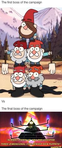 The first boss of the campaign Vs The final boss of the campaign "ALRIGHT LISTEN UP YOU ONE-LIFESPAN THREE-DIMENSIONAL FIVE-SENSED SKIN PUPPETS" ifunny.co