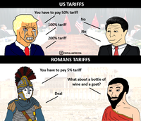 US TARIFFS You have to pay 50% tariff 100% tariff No No 200% tariff Oroma.aeterna ROMANS TARIFFS You have to pay 5% tariff What about a bottle of wine and a goat? Deal