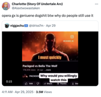A "quote-tweet":https://knowyourmeme.com/memes/quote-retweets-qrts about Opera GX being bad, concerning "Packgod's":https://knowyourmeme.com/memes/people/packgod Opera GX "rap":https://knowyourmeme.com/memes/cultures/rap-hip-hop song.