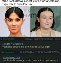 A "4chan Greentext":https://knowyourmeme.com/memes/greentext-stories comparing Bella Ramsey and "Millie Bobby Brown":https://knowyourmeme.com/memes/events/millie-bobby-brown-looks-40-controversy who were both considered for Ellie in "_The Last of Us_":https://knowyourmeme.com/memes/subcultures/the-last-of-us HBO series."