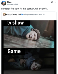 This post was "Community Noted": on "Twitter / X":https://knowyourmeme.com/memes/sites/twitter-x as the still of Bella Ramsey was altered !https://pbs.twimg.com/media/GpBsW04W0AApFc3.jpg:large!