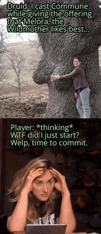 Druid: I cast Commune while giving the offering that Melora, the Wildmother likes best... Player: *thinking* W-- did I just start? Welp, time to commit.