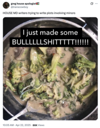 X user @transcowboy reposted the "I Just Made Some BULLLLLLSHITTTTT!!!!!!" image alongside the caption, "HOUSE MD writers trying to write plots involving minors." The tweet gathered over 8,000 likes in three weeks.