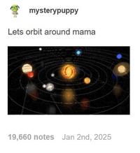 The original mamaposting meme. The meme consists of an image of the solar system over the caption "let's orbit around mama."