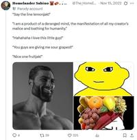 Homelander Sabino Parody account "Say the line lemonjak!" @The_HomeI... Nov 15, 2022 "I am a product of a deranged mind, the manifestation of all my creator's malice and loathing for humanity." "Hahahaha I love this little guy!" "You guys are giving me sour grapes!!" "Nice one fruitjak!" 4 139 325 山 1