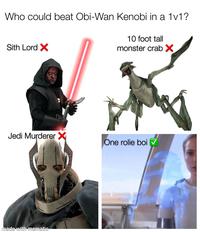 Who could beat Obi-Wan Kenobi in a 1v1? Sith Lord ☑ 10 foot tall monster crab ✗ Jedi Murderer X One rolie boi ✓ made with mematic