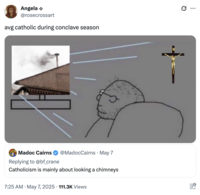 Twitter user @rosecrossart posted a meme about the smoke emitting from the chimney during the 2025 papal conclave, gathering over 5,000 likes in a day.