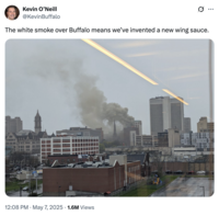 X user @KevinBuffalo joked about the papal conclave's smoke signal ritual, writing, "The white smoke over Buffalo means we’ve invented a new wing sauce" and gathering over 76,000 likes in a day.