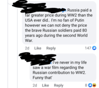 Russia paid a far greater price during WW2 than the USA ever did.. I'm no fan of Putin however we can not deny the price the brave Russian soldiers paid 80 years ago during the second World War. 2d Like Reply 147 I've never in my life saw a war film regarding the Russian contribution to WW2. Funny that' 2d Like Reply 8