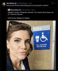 Rick Wilson @TheRickWilson ⚫ 20h Q Are you ok? Are the voices telling you to hurt yourself, or others? Nancy Mace @NancyMace May 7 Spotted in Austin: "All gender restroom.” On a recent trip to Texas. Um, no. There are only two. Hold the line. Biology isn't bigotry. 3386 சஞ் ALL GENDER RESTROOM *P