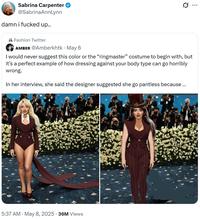 Sabrina Carpenter cheekily responds to negative comment about the costume she wore to the 2025 Met Gala.