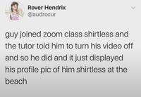 Rover Hendrix @audrocur guy joined zoom class shirtless and the tutor told him to turn his video off and so he did and it just displayed his profile pic of him shirtless at the beach