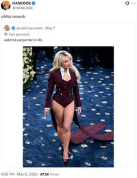 A meme comparing Sabrina Carpenter in her 2025 Met Gala outfit to the _League of Legends_ character Viktor.