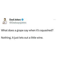 Dad Jokes @Dadsaysjokes What does a grape say when it's squashed? Nothing, it just lets out a little wine.