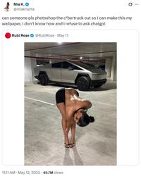 A post in which Mia Khalifa requests that people photoshop out a Cybertruck in a photo of Rubi Rose. The post was made on May 12th, 2025.