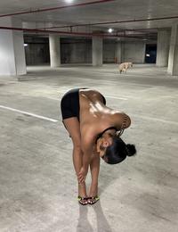 A photoshop of Rubi Rose bending over in a parking garage in front of her Cybertruck. A dog pooping replaces the Cybertruck.