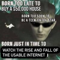 BORN TOO LATE TO BUY A $50,000 HOUSE BORN TOO SOON TO BE A TEEN TIKTOK STAR BORN JUST IN TIME TO WATCH THE RISE AND FALL OF THE USABLE INTERNET J