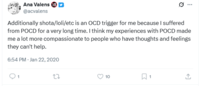 A tweet allegedly by Ana Valens about how she used to suffer from POCD.