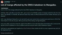 r/mangadex • 1 day ago andyarc1995 List of manga affected by the DMCA takedown to Mangadex. Site Discussion Here is a list of the mangas affected by the mass DMCA takedown to Mangadex. Edit May 15th: Looks like is more than 700+, got a rumor of an INSANE number of mangas nuked from the site. And when I say INSANE, it is INSANE. We will know when they make an official statement but the number will leave you in disbelief. EDIT: I was debating if doing this or not, but f--- it, got some rumors from a trusted source and close to 25% of the total chapters in the site are gone. 800 is just the tip of the iceberg. Fly high Mangadex. Even more edits: rumor has it that the culprit of the DMCA is none other than kakao (f--- kakao) who convinced the big fish of the JP publishers to form an alliance and f--- everyone with a DMCA takedown request. Edit: here is a spreadsheet put together by u/MaxTheWizard that contains the list in a more organized way and cuts the duplicated ones. Manga Spreadsheet List 8