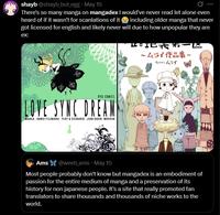 shayb @shayb_but_egg. May 15 There's so many manga on mangadex I would've never read let alone even heard of if it wasn't for scanlations of it including older manga that never got licensed for english and likely never will due to how unpopular they are ex: 卸地式弟 ~ムライ作品集~ COMICH 451 RYU COMICS LOVE SYNC DREAM MANGA: KAMUI FUJIWARA PLOT & SCENARIO: JEAN-DAVID MORVAN Ams @weeb_ams • May 15 Most people probably don't know but mangadex is an embodiment of passion for the entire medium of manga and a preservation of its history for non japanese people. It's a site that really promoted fan translators to share thousands and thousands of niche works to the world.