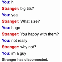 You: hi Stranger: b-------? You: yea Stranger: What size? You: huge Stranger: You happy with them? You: not really Stranger: why not? You: im a guy Stranger has disconnected.