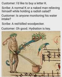 Customer: I'd like to buy a letter K. Scribe: A normal K or a naked man relieving himself while holding a radish salad? Customer: Is anyone monitoring his water intake? Scribe: A red-billed woodpecker. Customer: Oh good. Hydration is key.