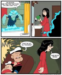 HA! I'M BACK! AND THIS TIME THAT PUNY OYL GIRL WON'T STO- C WHAT'SK WIT' ALL THE NOISE? (I سه HAIR DRYER BROKE. 10-1/ ©2022 by King Features Syndicate, Inc. World rights reserved.