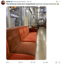 Stella @skyrocketstella · Apr 10 The American mind can't comprehend Japanese subway cleanliness 10.200 10:30 筑前前原 10:33⑥ 姪浜 1日最大640円 VISA od 1735 105 ılı 36K ☐ 1