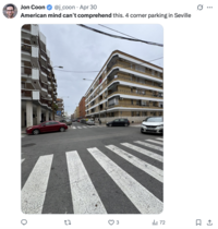 • American mind can't comprehend this. 4 corner parking in Seville 86316 JZH 27 ili 72