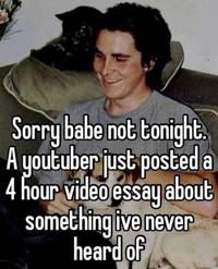 Sorry babe not tonight. A youtuber just posted a 4 hour video essay about something ive never heard of