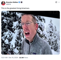 On December 19th, 2024, X user @BFW tweeted a photo of Luke Nichols from the Outdoor Boys YouTube channel, calling him the "greatest living American" and gathering over 290,000 likes in six months. 