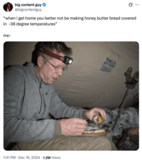 On December 16th, 2024, X user @bigcontentguy tweeted a photo of Luke Nichols from the Outdoor Boys YouTube channel alongside text that read, "when i get home you better not be making honey butter bread covered in -38 degree temperatures," gathering over 26,000 likes in six months. 