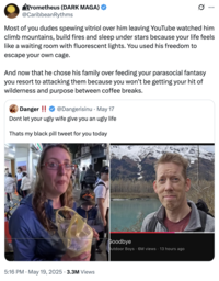 X user @CaribbeanRythms responded to a tweet calling Rebecca Nichols "ugly," and criticized people for being resentful of Luke Nichols taking a break from YouTube to make time for his family. The tweet reads, "Most of you dudes spewing vitriol over him leaving YouTube watched him climb mountains, build fires and sleep under stars because your life feels like a waiting room with fluorescent lights. You used his freedom to escape your own cage. And now that he chose his family over feeding your parasocial fantasy you resort to attacking them because you won’t be getting your hit of wilderness and purpose between coffee breaks."