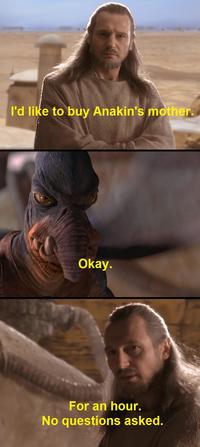 I'd like to buy Anakin's mother. Okay. For an hour. No questions asked.