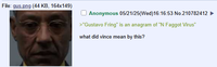 File: gus.png (44 KB, 164x149) Anonymous 05/21/25(Wed)16:16:53 No.210782412 >"Gustavo Fring" is an anagram of "N F----- Virus" what did vince mean by this?