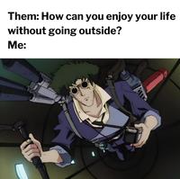 Them: How can you enjoy your life without going outside? Me: