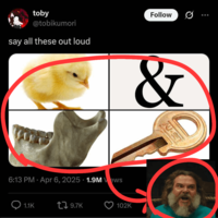 A "Name Soundalike":https://trending.knowyourmeme.com/memes/name-soundalikes and "Red Circle Perpetrators":https://trending.knowyourmeme.com/memes/red-circle-perpetrators meme, based on the Chick & Jaw Key "meme":https://knowyourmeme.com/memes/memes.