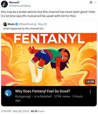 Maxwell @TolemustheGrey Q this may be a broke opinion but this channel has never been good I hate it a lot (one specific mutual will be upset with me for this) Mads @MadsPosting - May 20 what happened to this channel bro FENTANYL Why Does Fentanyl Feel So Good? • Kurzgesagt - In a Nutshell 379K views • 3 hours ago . 11:35 PM - May 20, 2025 65.7K Views 14:58