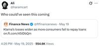 Ali @haramcart Who could've seen this coming FT Finance News @ftfinancenews · May 19 Klarna's losses widen as more consumers fail to repay loans on.ft.com/45iDbQm 4:26 PM - May 19, 2025 - 554.6K Views .