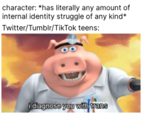 character: *has literally any amount of internal identity struggle of any kind* Twitter/Tumblr/Tik Tok teens: i diagnose you with trans
