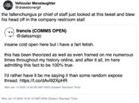 A "tweet":https://knowyourmeme.com/memes/sites/twitter-x joking about "Fallenchungus":https://knowyourmeme.com/memes/people/fallenchungus admitting to having a fart "fetish":https://knowyourmeme.com/memes/subcultures/internet-paraphilias.