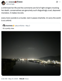 A "quote-tweet":https://knowyourmeme.com/memes/quote-retweets-qrts expressing outrage against right-wingers and conservatives for making transphobic jokes to the suicide of Charlotte Fosgate.