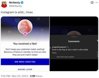 A post by Twitter user @McNasty. The post shares a like notification from a dating app with a blurry faced person. It also leaves a comment regarding the post reading, "even in the fog of war a tank is still visible."