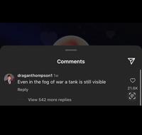 An Instagram comment reading, "Even In the Fog Of War, A Tank Is Still Visible." The comment was left on an Instagram post by autistic.browniez.
