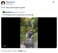 Comedian, podcaster and X user @TheoVon quoted Druski's "The WhiteBoy that's accepted by the Hood 😂" skit, writing, "Its on nah! Lemme get my paint." The post gathered over 300,000 likes in four days.