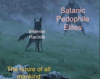 A version of the dog vs. werewolf meme. The meme is about internet racists defending the future of humanity from satanic elites.